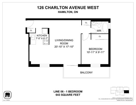 Floor plan for 1 bed, 1 bath, 647 sqft